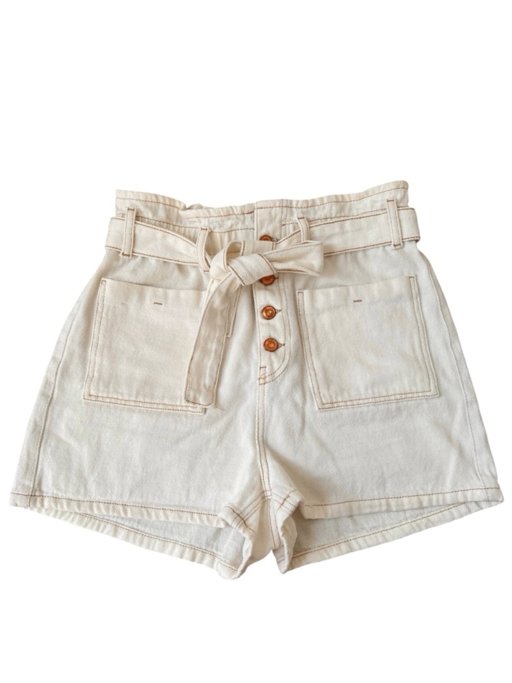 Zara Cream High-Waisted Belted Paperbag Denim Shorts 8